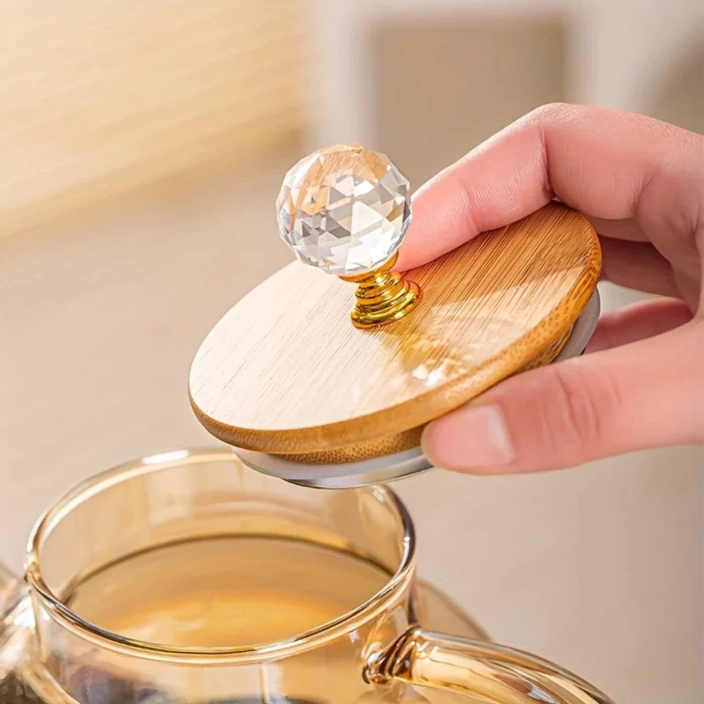 Bule de Vidro Âmbar 1L Texturizado com Tampa em Bambu e Pegador Cristal