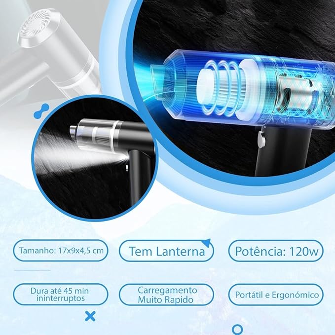 Aspirador de Pó Portátil Recarregável - Limpeza Rápida para Carro, Sofá e Cantos