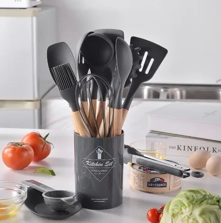 Kit 12 Utensílios de Silicone e Bambu - Não Risca, Não Gruda e Deixa sua Cozinha Linda