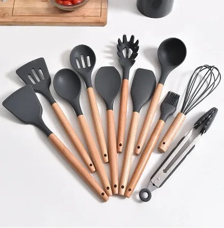 Kit 12 Utensílios de Silicone e Bambu - Não Risca, Não Gruda e Deixa sua Cozinha Linda