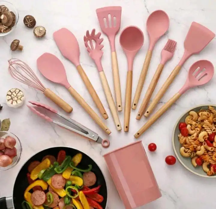 Kit 12 Utensílios de Silicone e Bambu - Não Risca, Não Gruda e Deixa sua Cozinha Linda