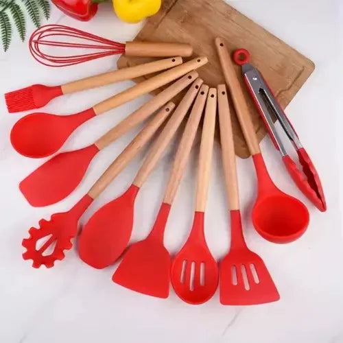 Kit 12 Utensílios de Silicone e Bambu - Não Risca, Não Gruda e Deixa sua Cozinha Linda
