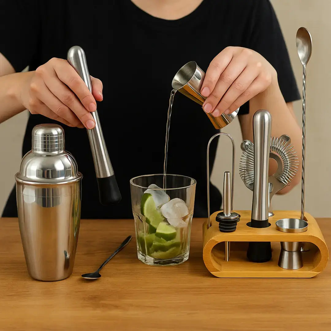Kit Barman Profissional 10 Peças em Inox com Suporte - Prepare Drinks com Estilo e Precisão