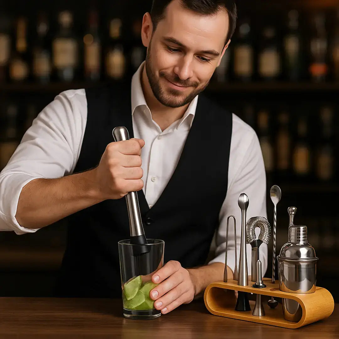 Kit Barman Profissional 10 Peças em Inox com Suporte - Prepare Drinks com Estilo e Precisão