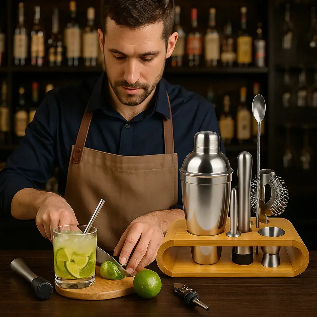 Kit Barman Profissional 10 Peças em Inox com Suporte - Prepare Drinks com Estilo e Precisão