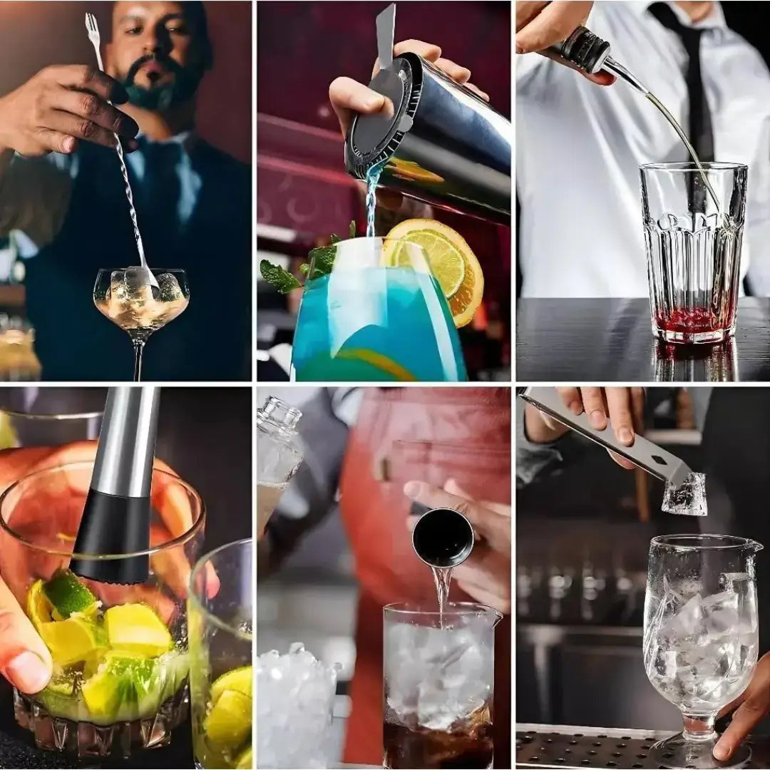 Kit Barman Profissional 10 Peças em Inox com Suporte - Prepare Drinks com Estilo e Precisão