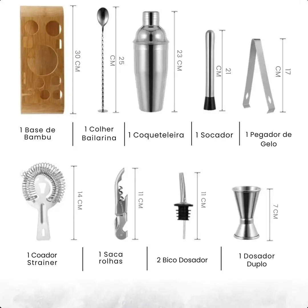 Kit Barman Profissional 10 Peças em Inox com Suporte - Prepare Drinks com Estilo e Precisão