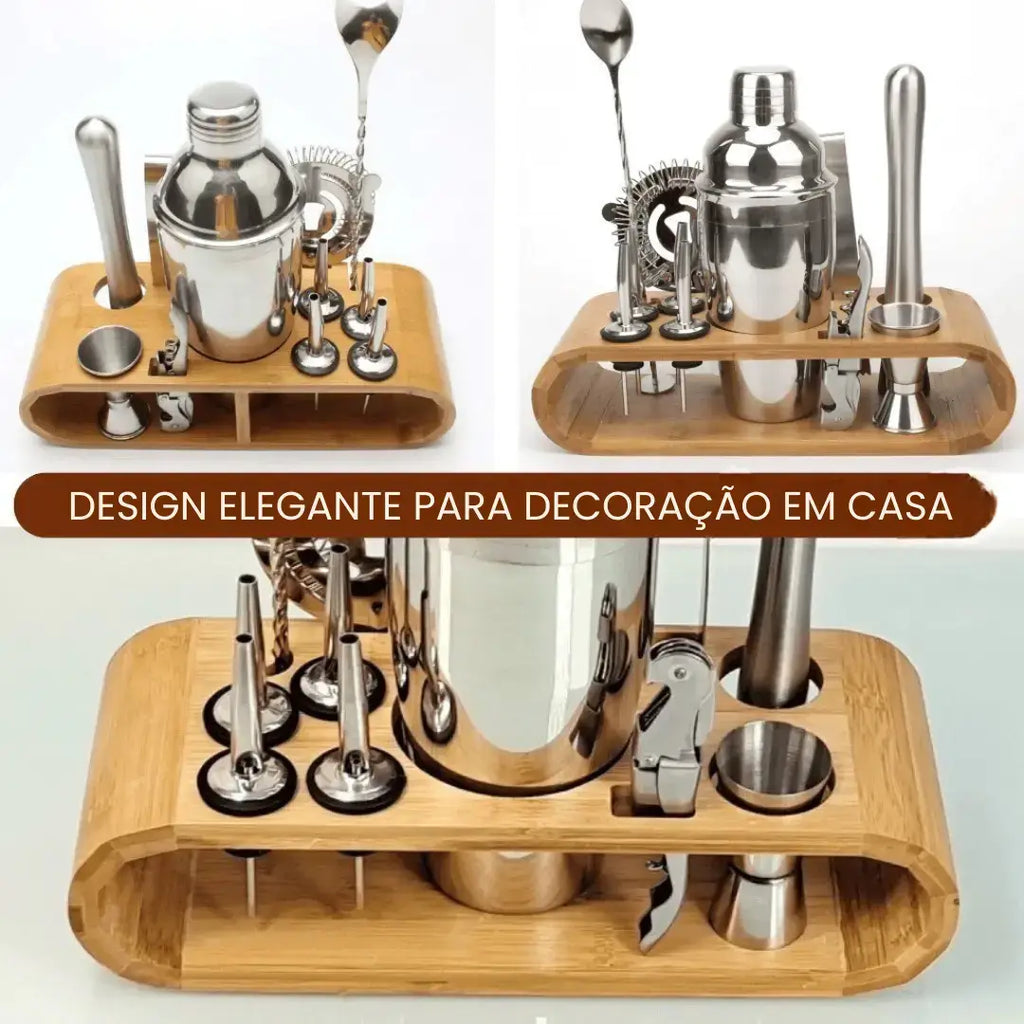 Kit Barman Profissional 10 Peças em Inox com Suporte - Prepare Drinks com Estilo e Precisão