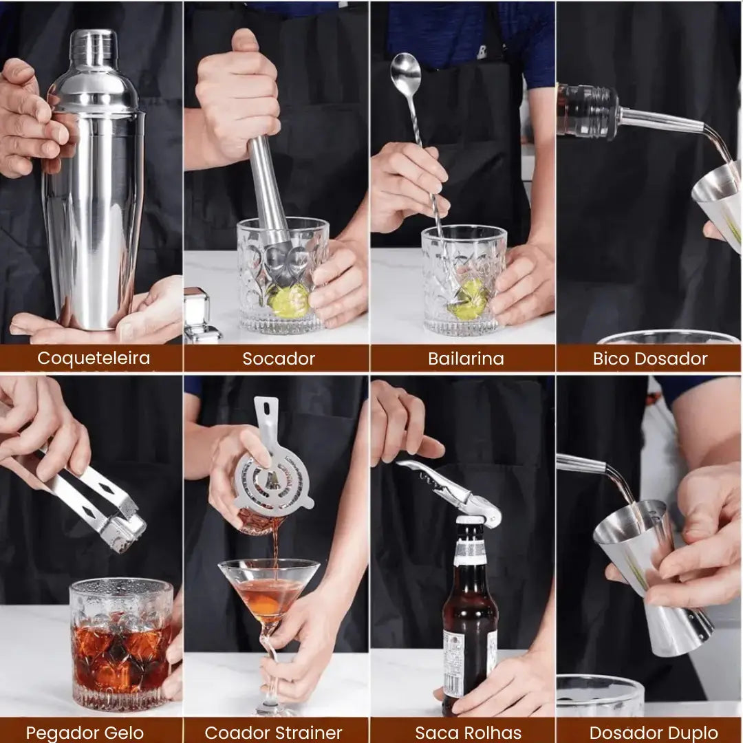 Kit Barman Profissional 10 Peças em Inox com Suporte - Prepare Drinks com Estilo e Precisão