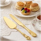 Kit Servir Royal Dourado: Faca e Espátula para Bolo em Aço Inox Premium