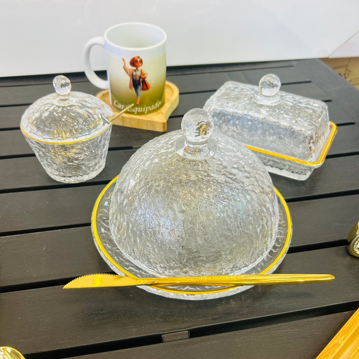Conjunto de Queijeira + Manteigueira  + Açucareiro - Mesa Posta Lar Equipado