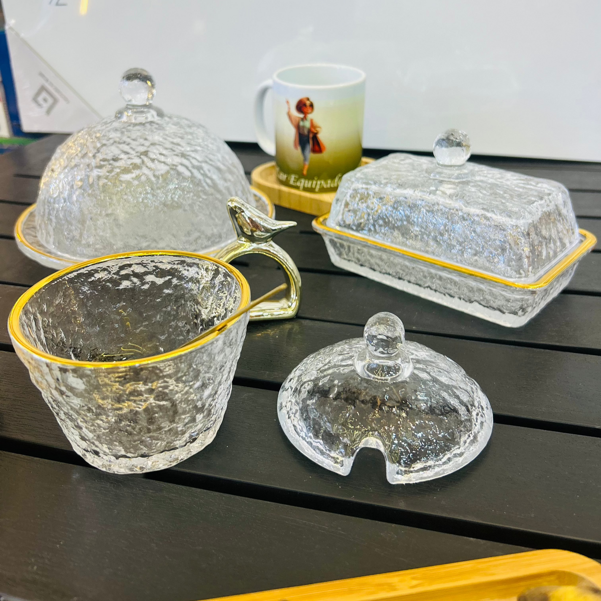 Conjunto de Queijeira + Manteigueira  + Açucareiro - Mesa Posta Lar Equipado