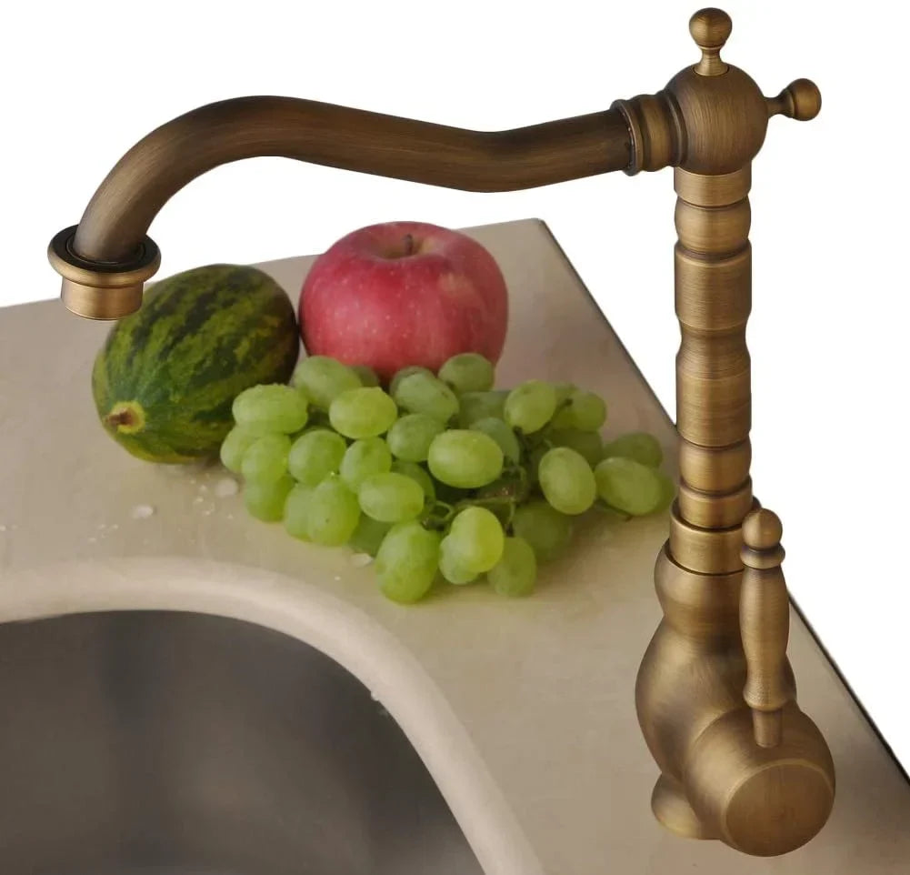 Torneira 360° Vintage de Bancada Bronze Clássico - Bica Giratória com Dupla Alavanca para Cozinha e Banheiro