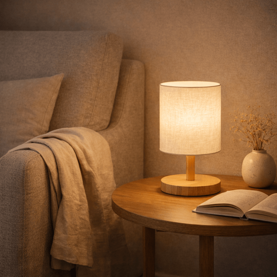 Abajur de Mesa LED com USB em Linho e Madeira