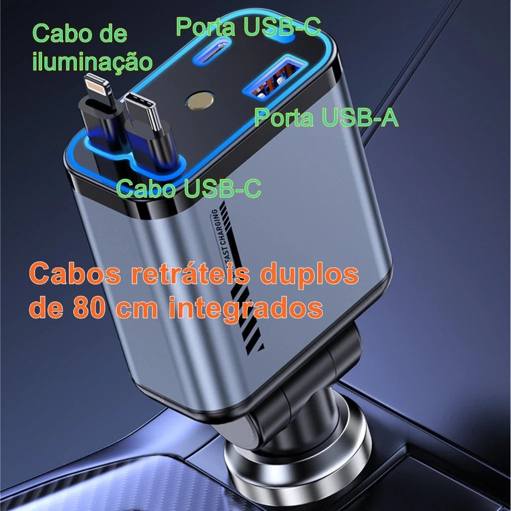 Carregador de carro retrátil com luz LED, carregador de carro rápido 4 em 1 de 120 W para iPhone e Android