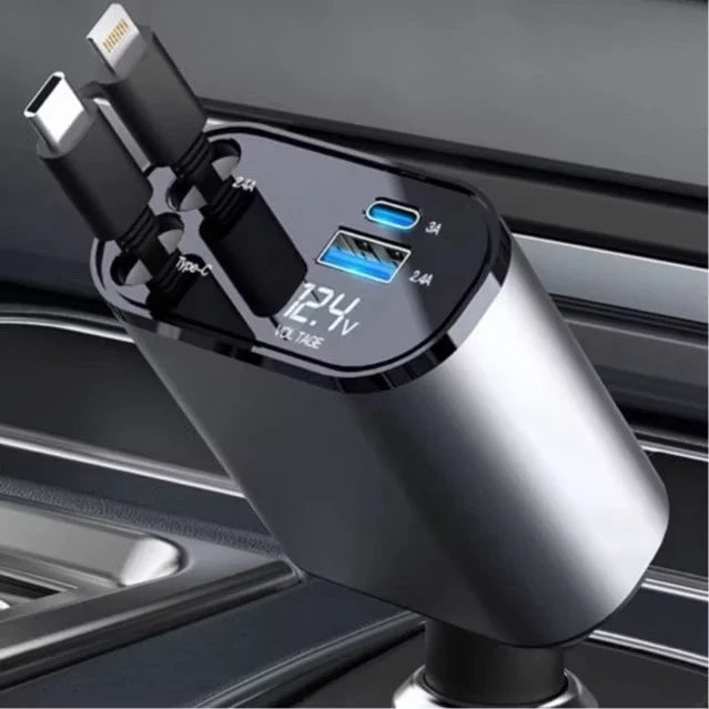 Carregador de carro retrátil com luz LED, carregador de carro rápido 4 em 1 de 120 W para iPhone e Android
