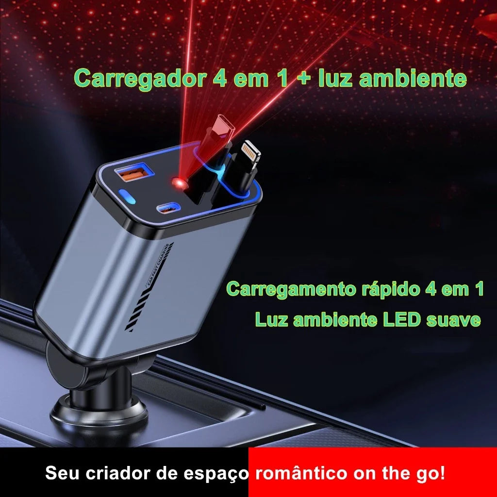 Carregador de carro retrátil com luz LED, carregador de carro rápido 4 em 1 de 120 W para iPhone e Android
