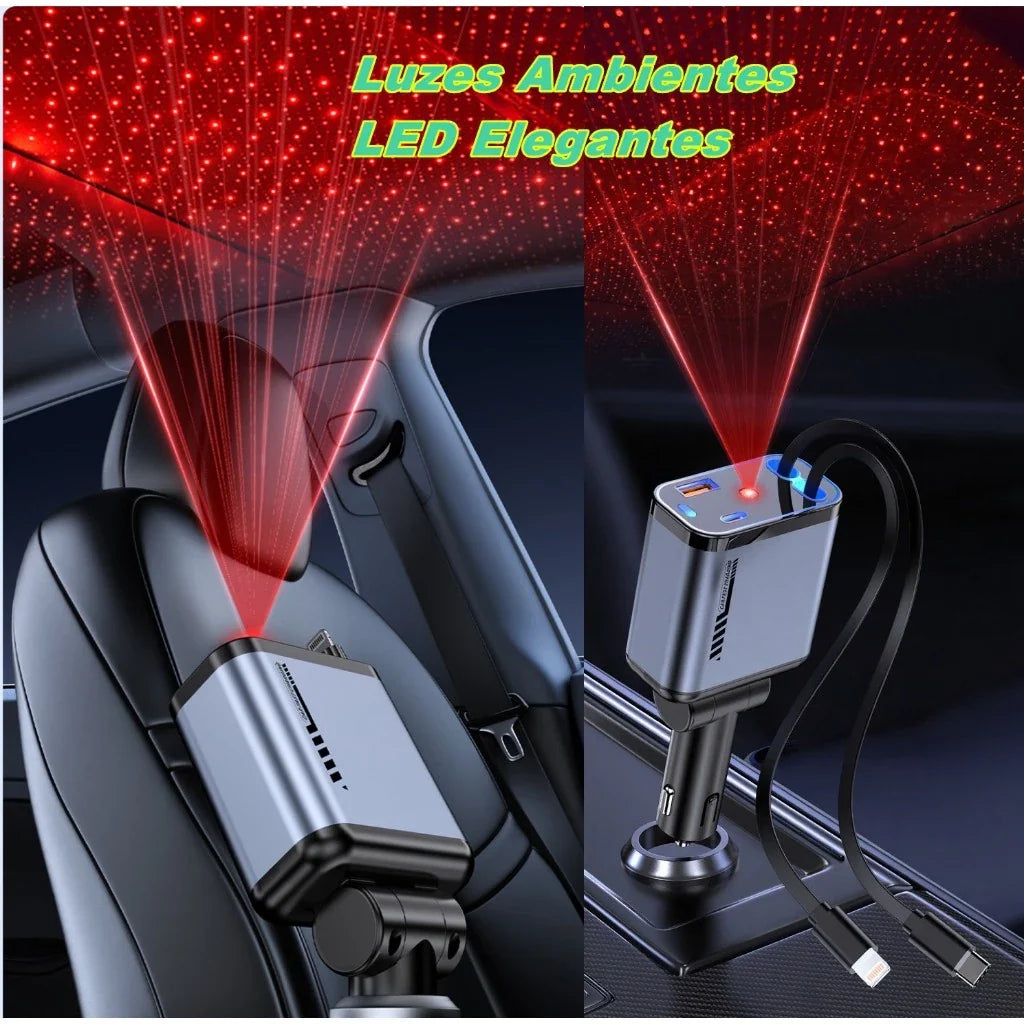 Carregador de carro retrátil com luz LED, carregador de carro rápido 4 em 1 de 120 W para iPhone e Android
