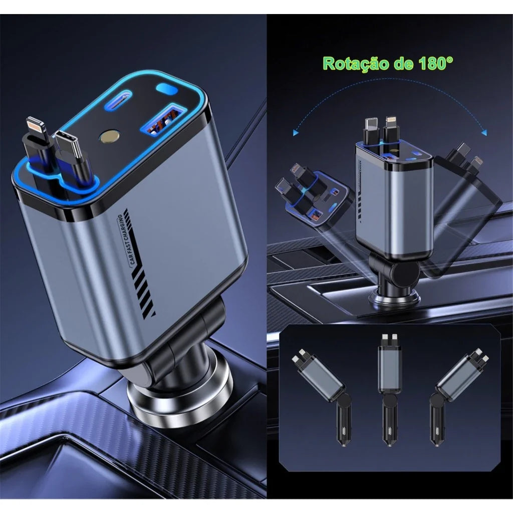 Carregador de carro retrátil com luz LED, carregador de carro rápido 4 em 1 de 120 W para iPhone e Android