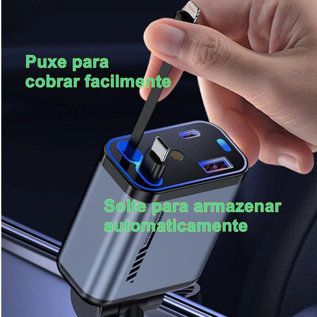 Carregador de carro retrátil com luz LED, carregador de carro rápido 4 em 1 de 120 W para iPhone e Android