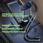 Carregador de carro retrátil com luz LED, carregador de carro rápido 4 em 1 de 120 W para iPhone e Android