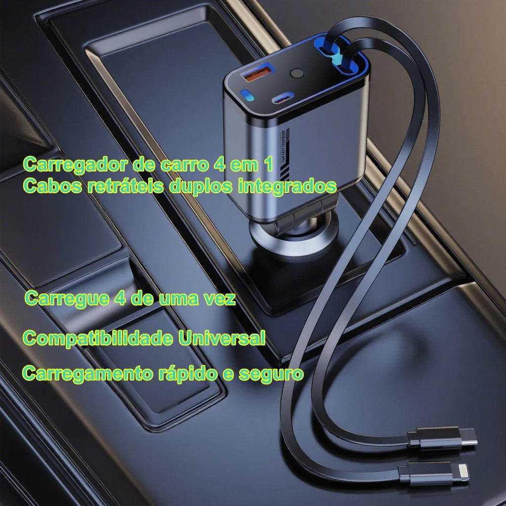 Carregador de carro retrátil com luz LED, carregador de carro rápido 4 em 1 de 120 W para iPhone e Android