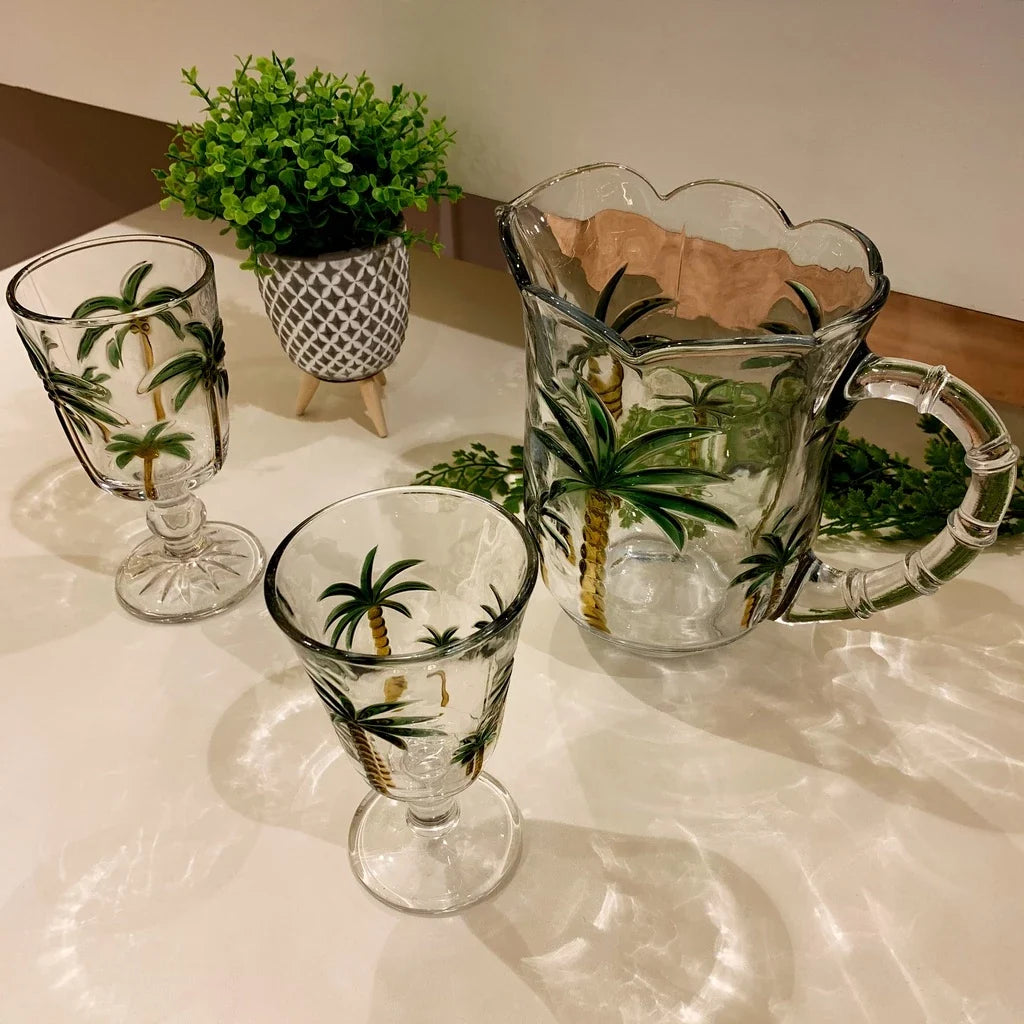 Conjunto com Jarra e 6 Taças  Lavanda/Coqueiro em Cristal – Pintura Manual | Mesa Posta com Sofisticação