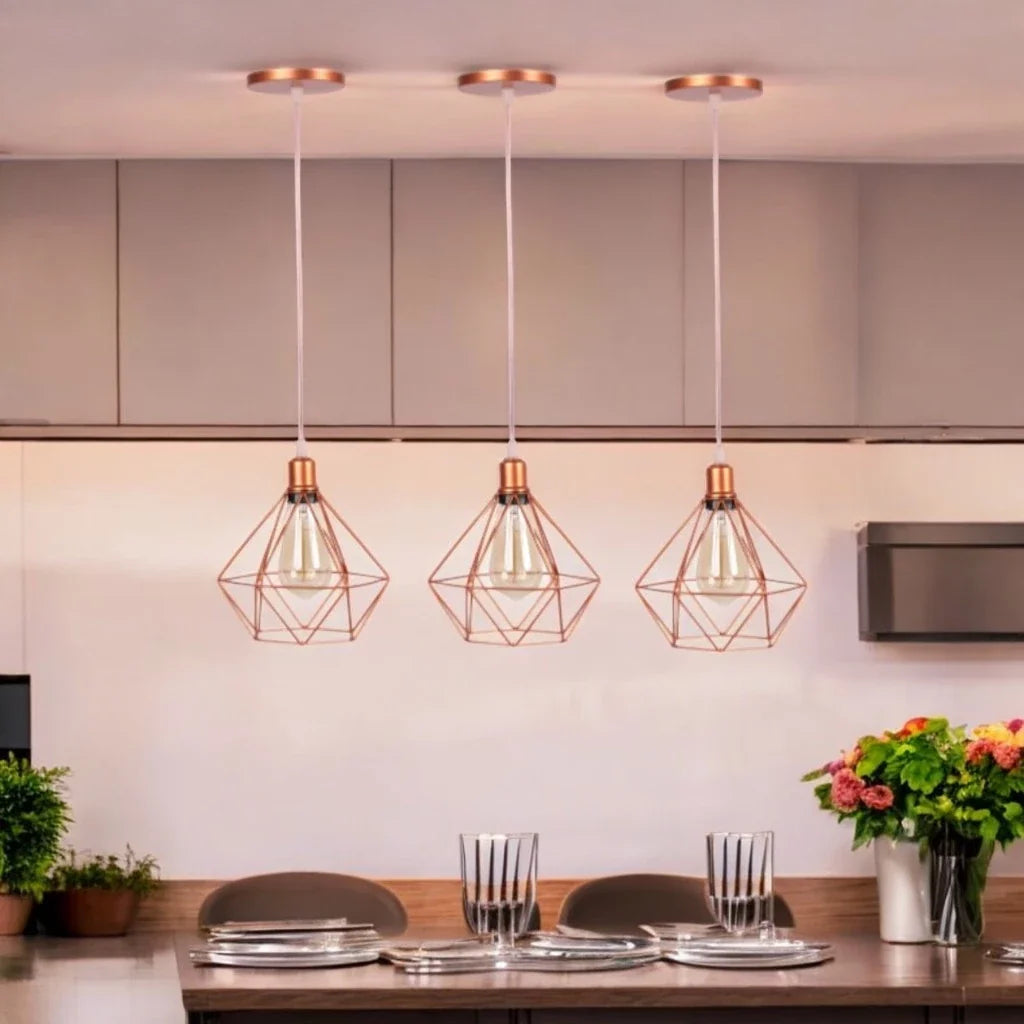 Luminária Pendente Aramado Diamante – Kit com 3 Unidades | Estilo Retrô Moderno para um Lar com Personalidade