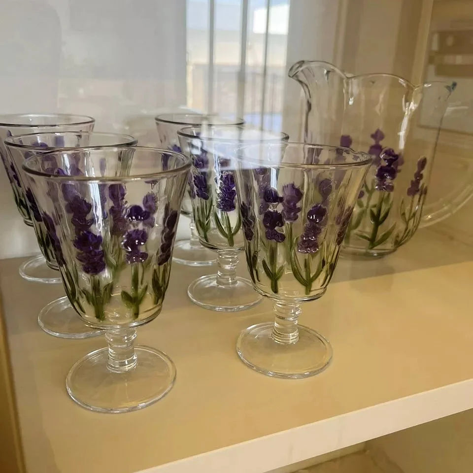 Conjunto com Jarra e 6 Taças  Lavanda/Coqueiro em Cristal – Pintura Manual | Mesa Posta com Sofisticação