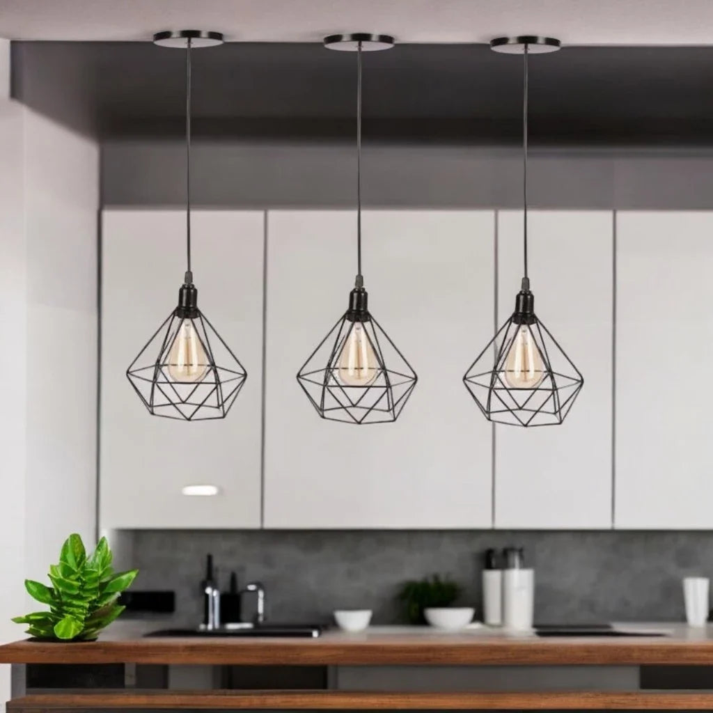 Luminária Pendente Aramado Diamante – Kit com 3 Unidades | Estilo Retrô Moderno para um Lar com Personalidade