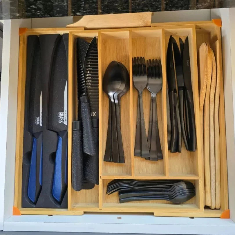 Porta Talheres de Bambu Extensível – Organizador Ajustável para Gavetas