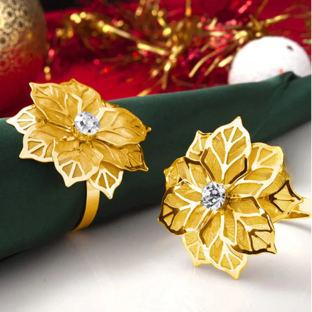 Porta-Guardanapos Flor de Cristal Lux – Kit Dourado com Pedra Brilhante- 6 UNIDS.