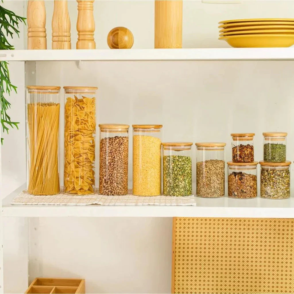 Kit com 5 Potes de Vidro com Tampa de Bambu – Organização Natural e Elegante para Sua Cozinha- Lar Equipado