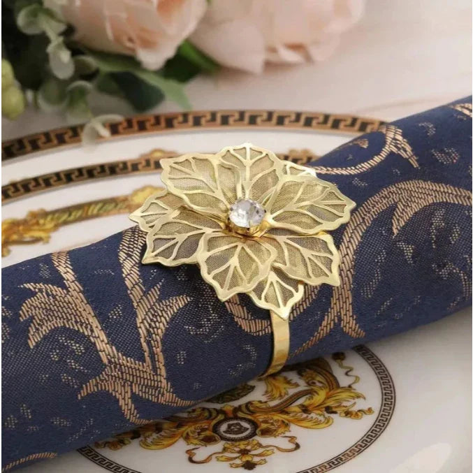 Porta-Guardanapos Flor de Cristal Lux – Kit Dourado com Pedra Brilhante- 6 UNIDS.